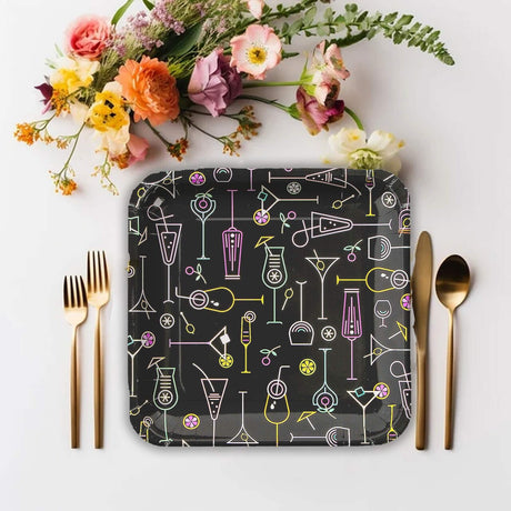 8 Ct. Cocktail Party Square Paper Dinner Plates Neon Drink Design