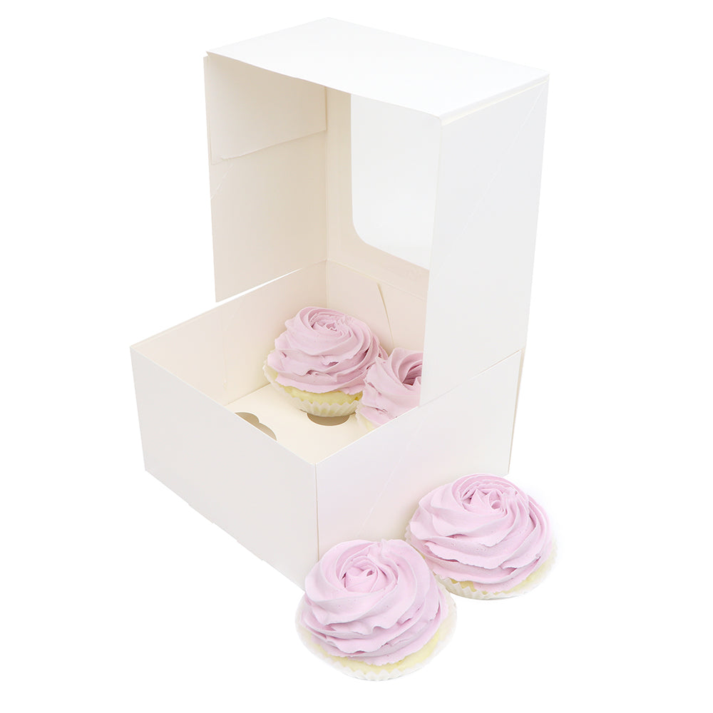 O'Creme White Cupcake Box with Window and Insert, 7" x 7" x 4", Pack of 5
