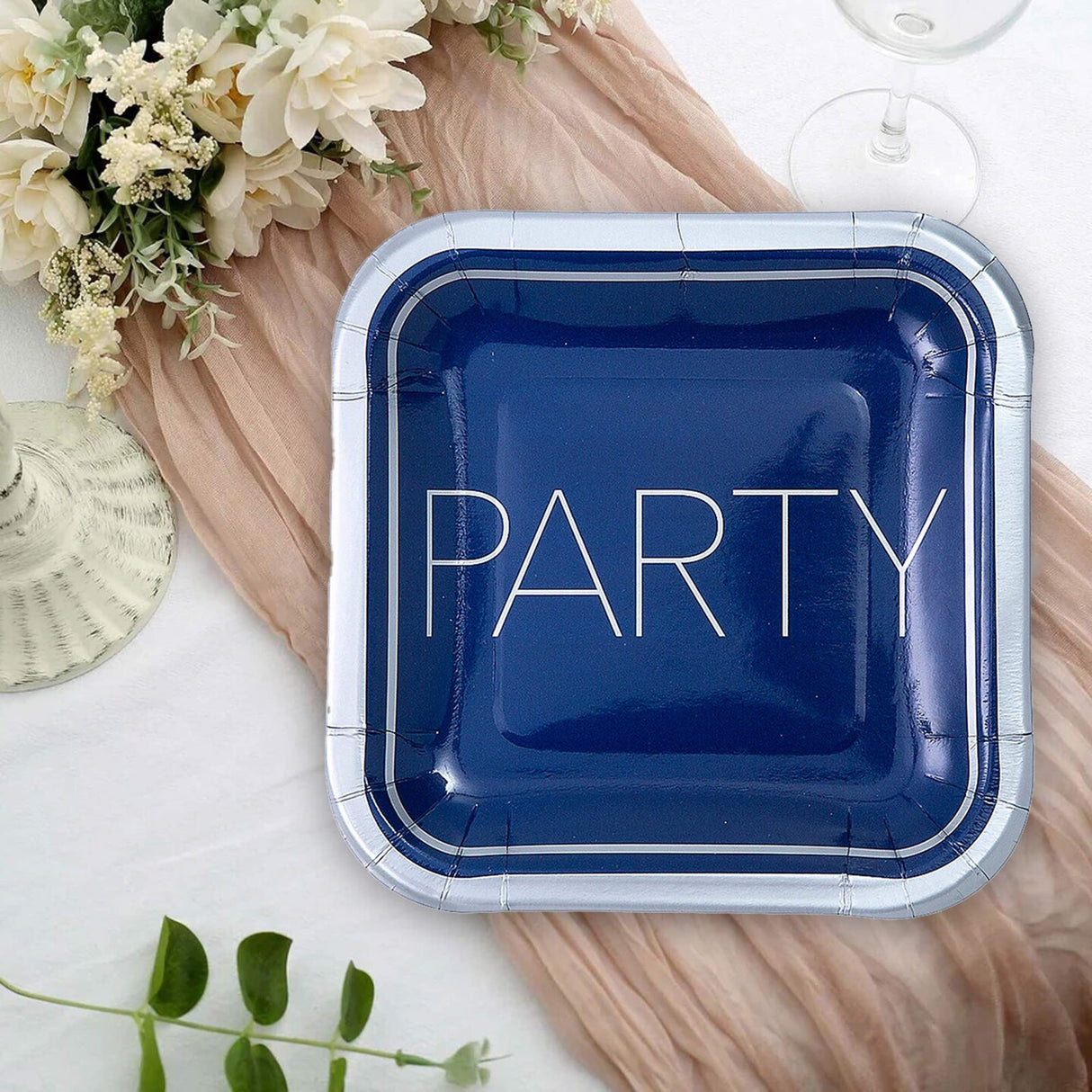 8 Count Happy Birthday Party Blue and Silver Square Paper Dessert Plates