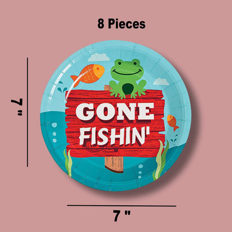 8 Ct. Little Fisherman Gone Fishin’ Paper Dessert Plates 7" Disposable Plates Fishing Theme Party Tableware
