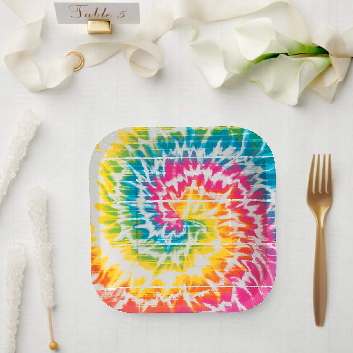 8 Ct. Beach Bum Tie-Dye Square Paper Dessert Plates 7" Disposable Plates, Groovy Party Tableware