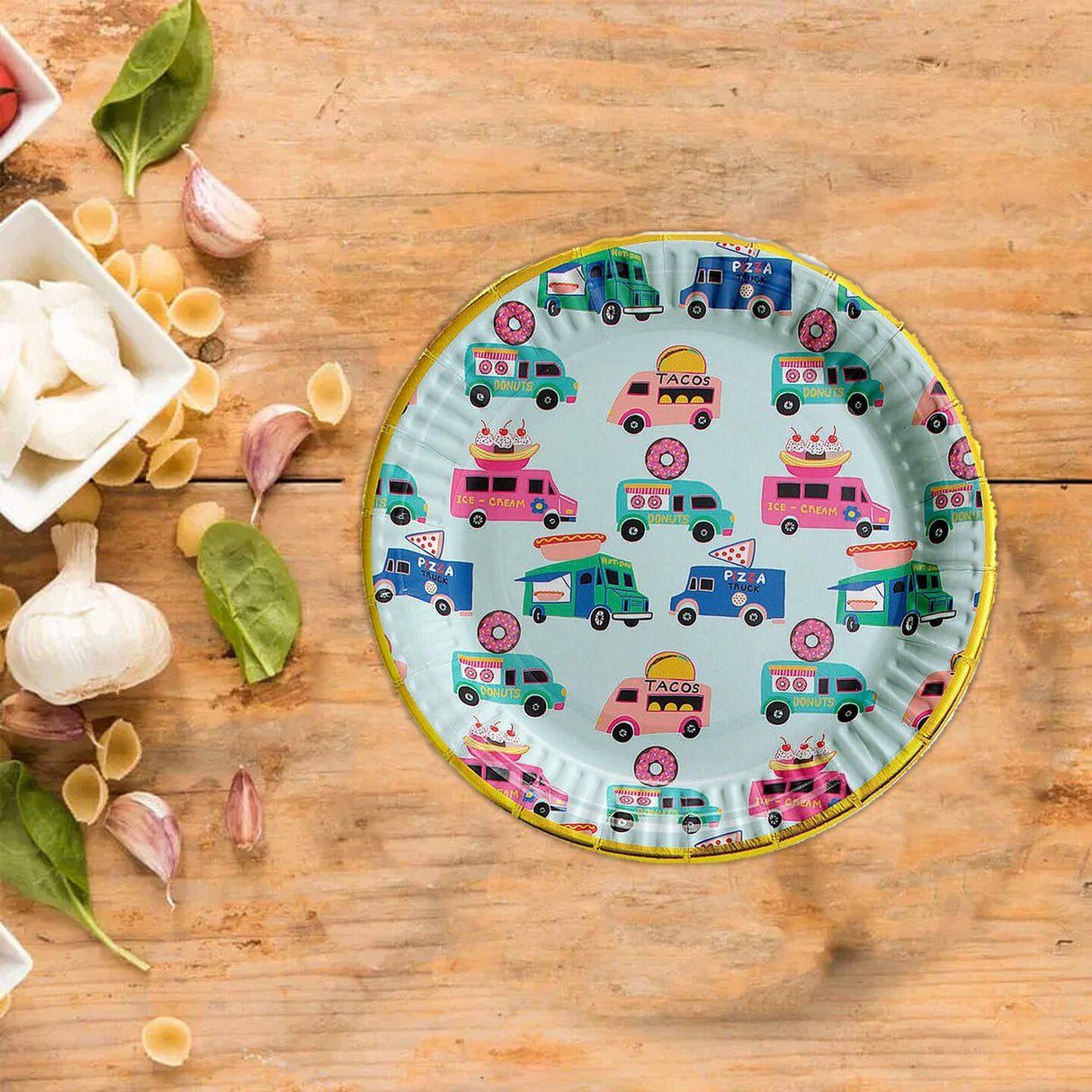 8 Ct. Food Truck Party Paper Dessert Plates Metallic Gold Foil Trim 7"