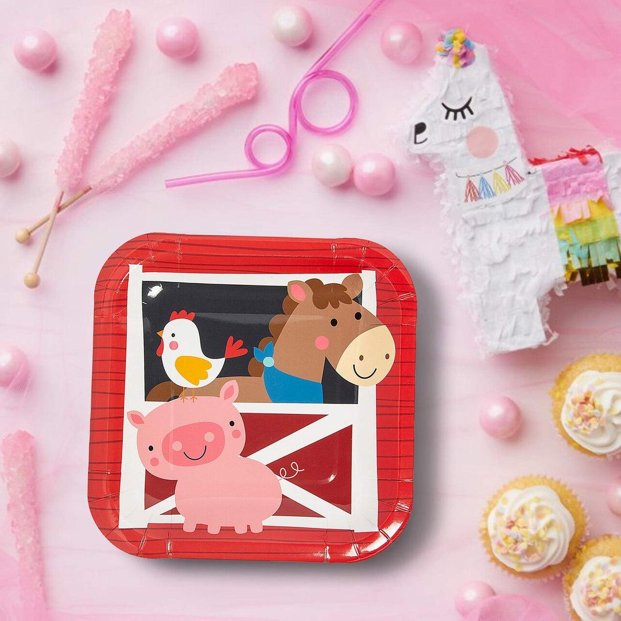8 Ct. Farm Party Square Paper Dessert Plates Rooster, Horse & Pig Design 7-Inch