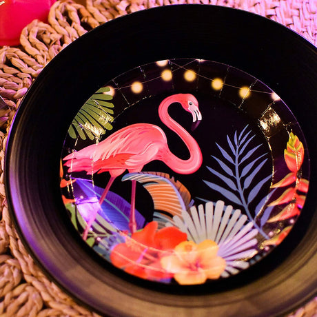 8 Ct. Tropical Nights Flamingo & Floral Paper Dessert Plates 7" Dessert Plates Luau & Pool Party Tableware