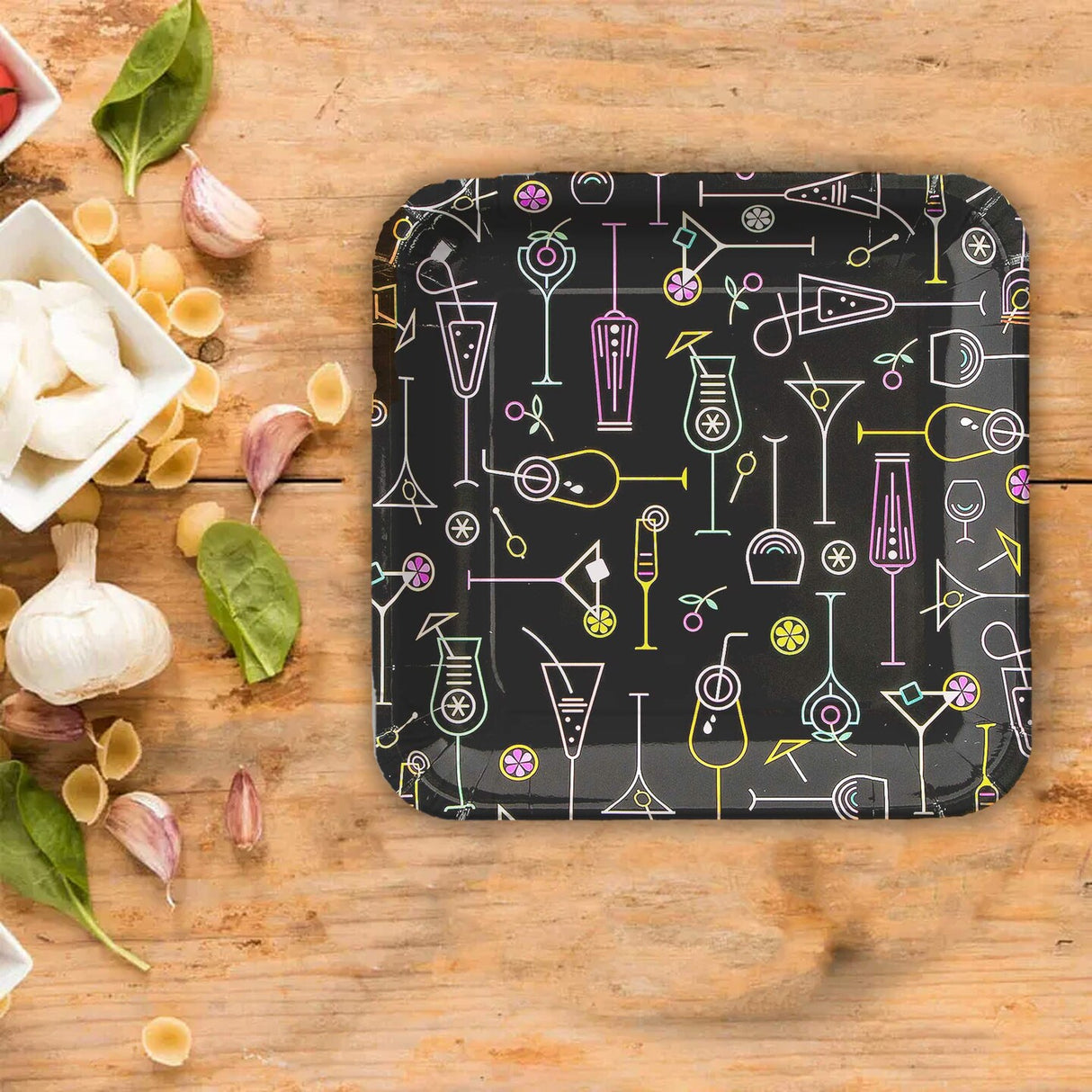 8 Ct. Cocktail Party Square Paper Dinner Plates Neon Drink Design 9 Inch