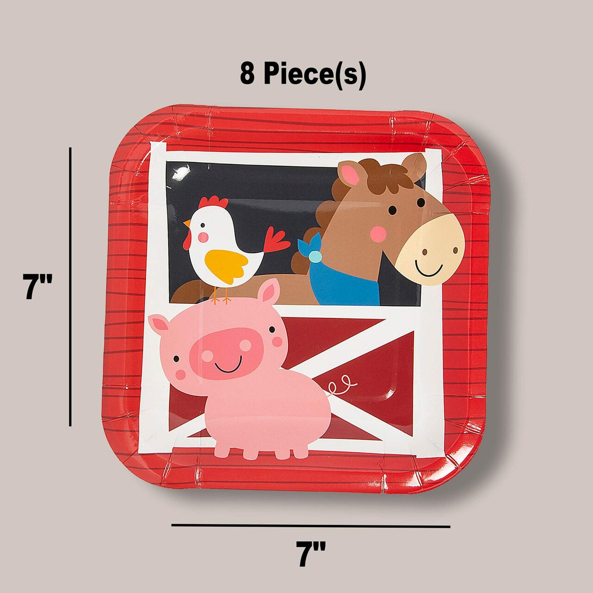 8 Ct. Farm Party Square Paper Dessert Plates Rooster, Horse & Pig Design 7-Inch