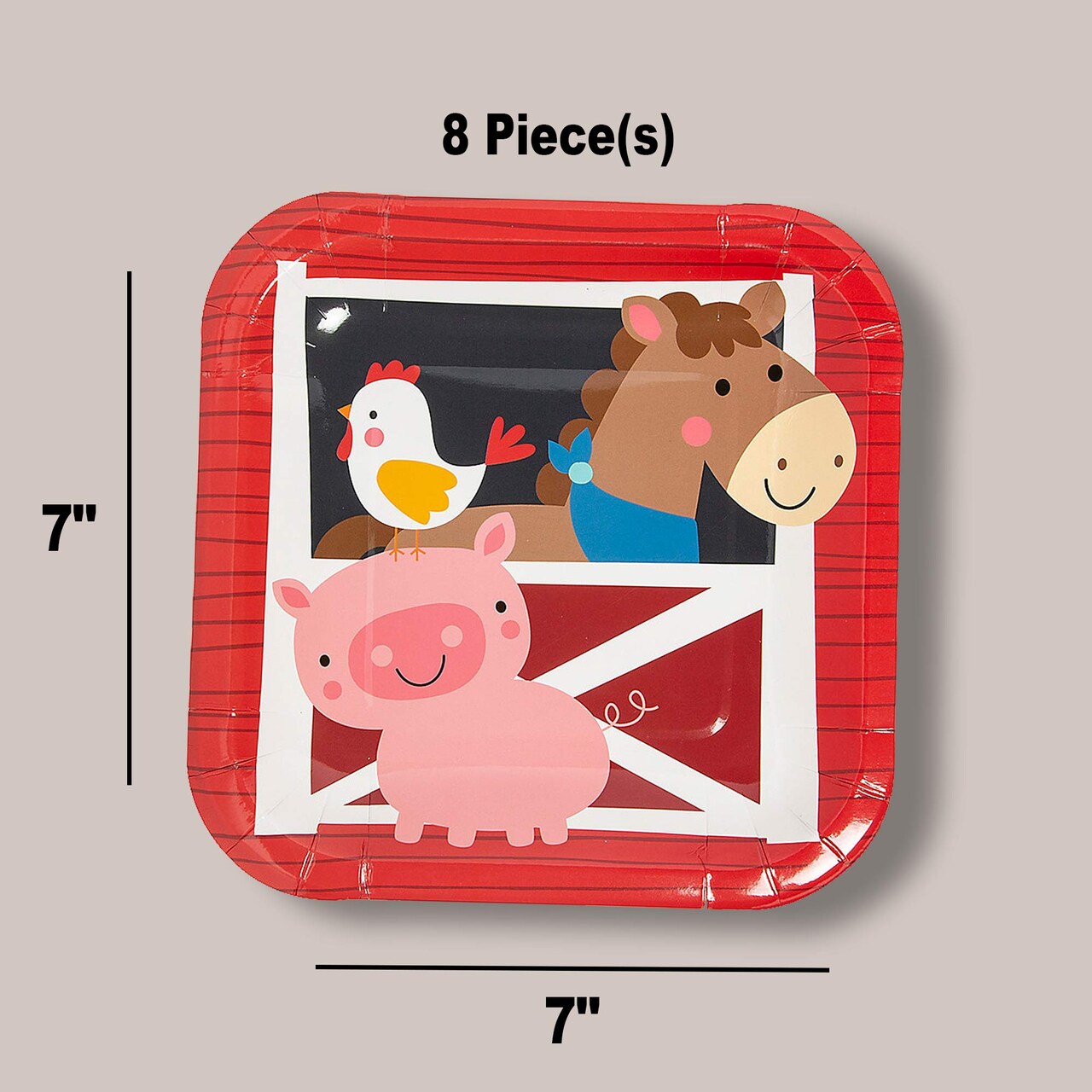 8 Ct. Farm Party Square Paper Dessert Plates Rooster, Horse & Pig Design 7-Inch
