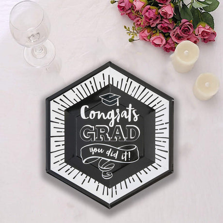 8 Ct. Congrats Grad You Did It Graduation Party Dinner Plates 9" Black & White Paper Plates
