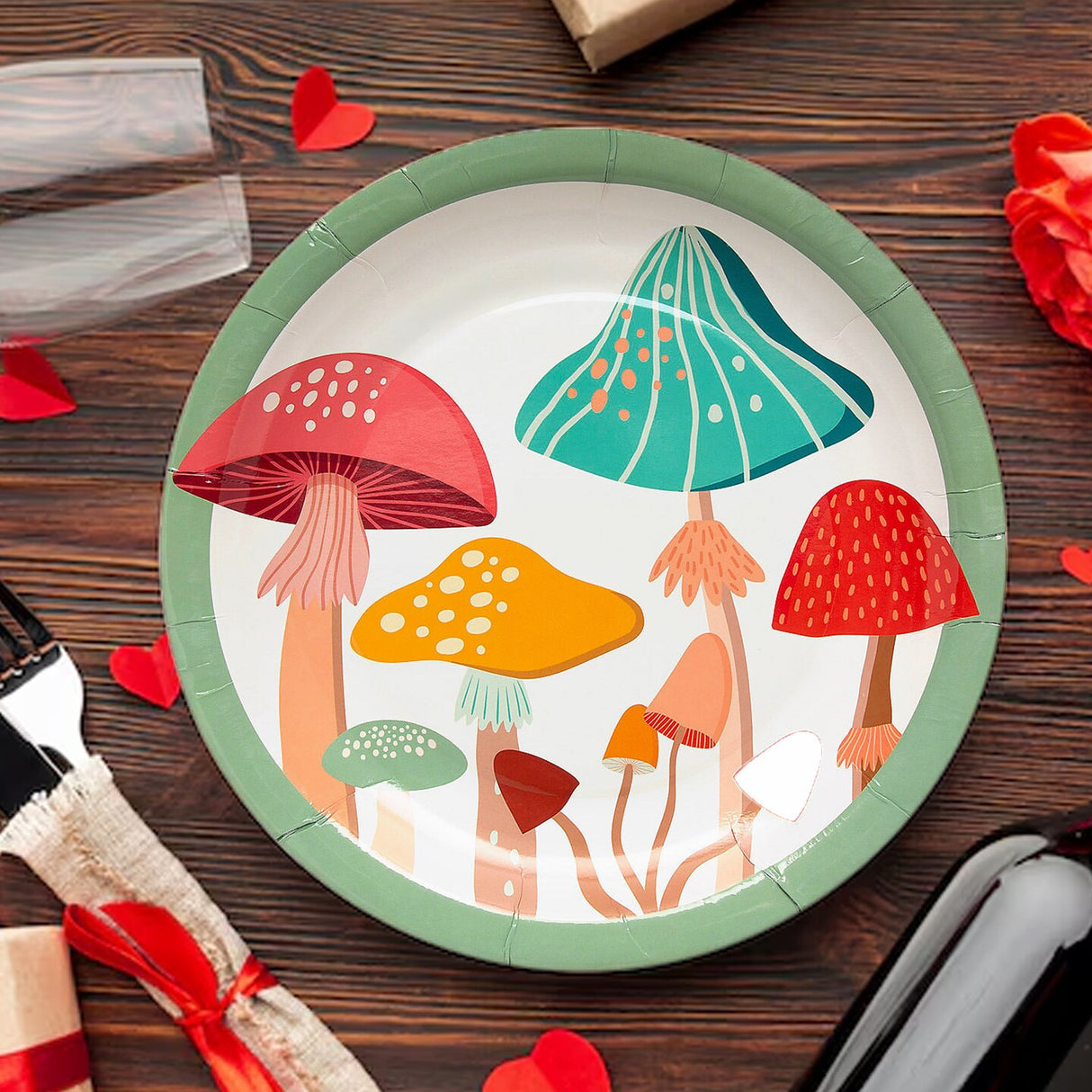 8 Ct. Mushroom Party Disposable Paper Dinner Plates with Green Trim Fun Forest Theme Tableware 9"