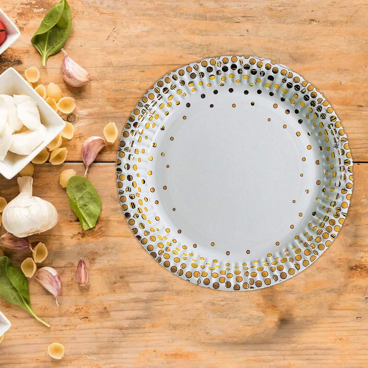8 Ct. White with Gold Foil Dots Paper Dessert Plates Elegant Wedding Party Tableware 7"