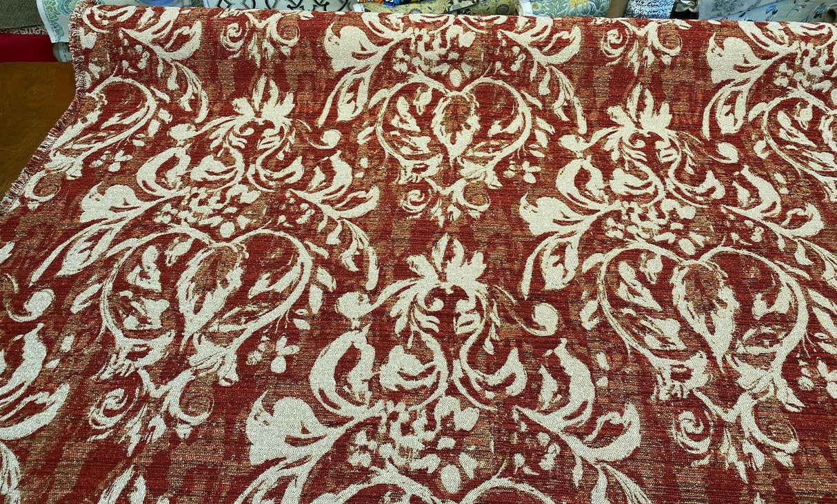 Mill Creek Moldavia Chenille Tapestry Upholstery Fabric - Ruby Red, Gold Floral Pattern, 56" Width (1 Yard)