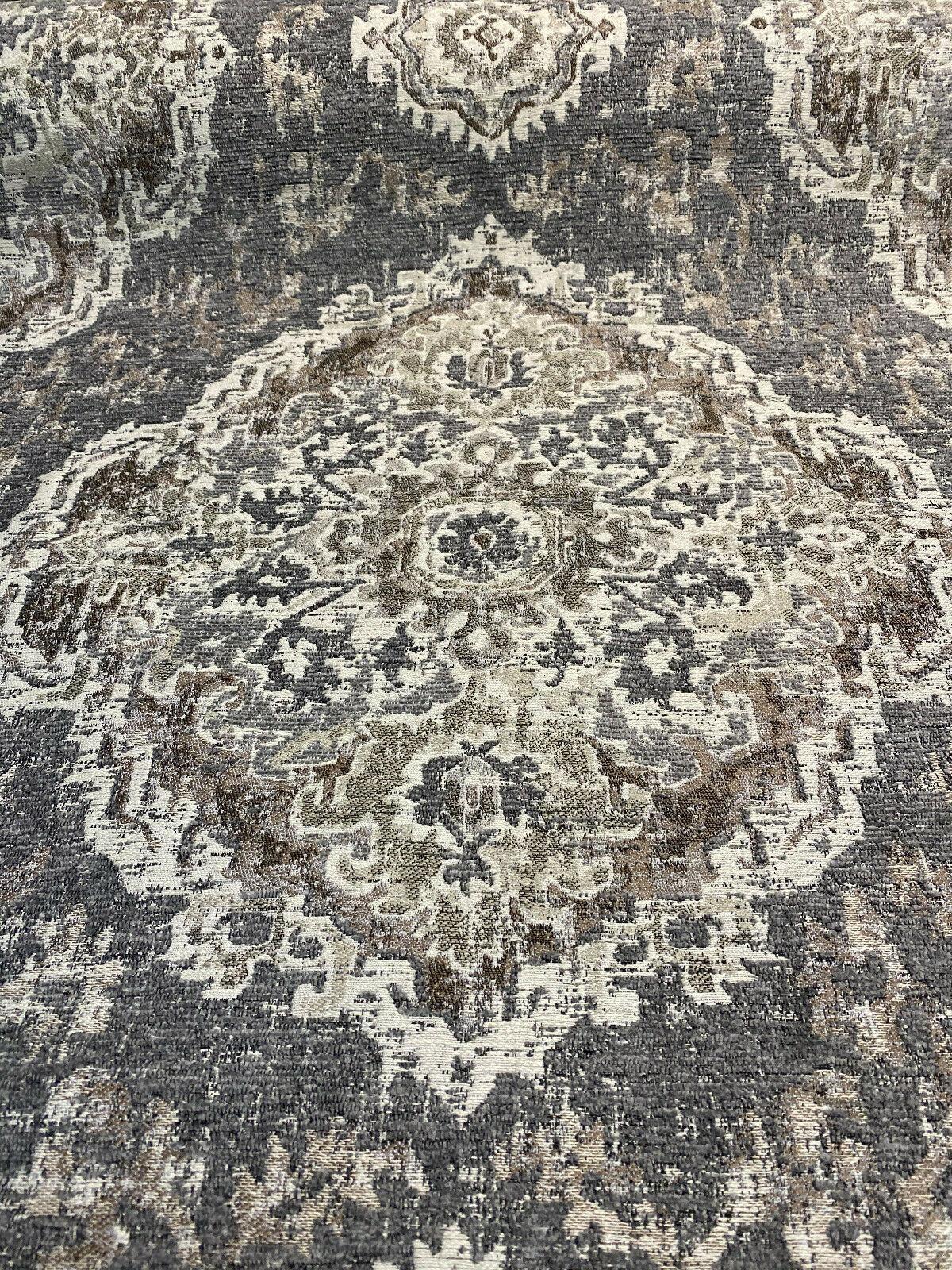 Eastview Steel Damask Chenille Upholstery Fabric - Steel Gray Brown Beige Black Damask, 57" Width (By The Yard)