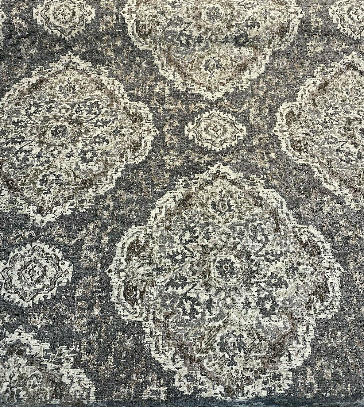 Eastview Steel Damask Chenille Upholstery Fabric - Steel Gray Brown Beige Black Damask, 57" Width (By The Yard)