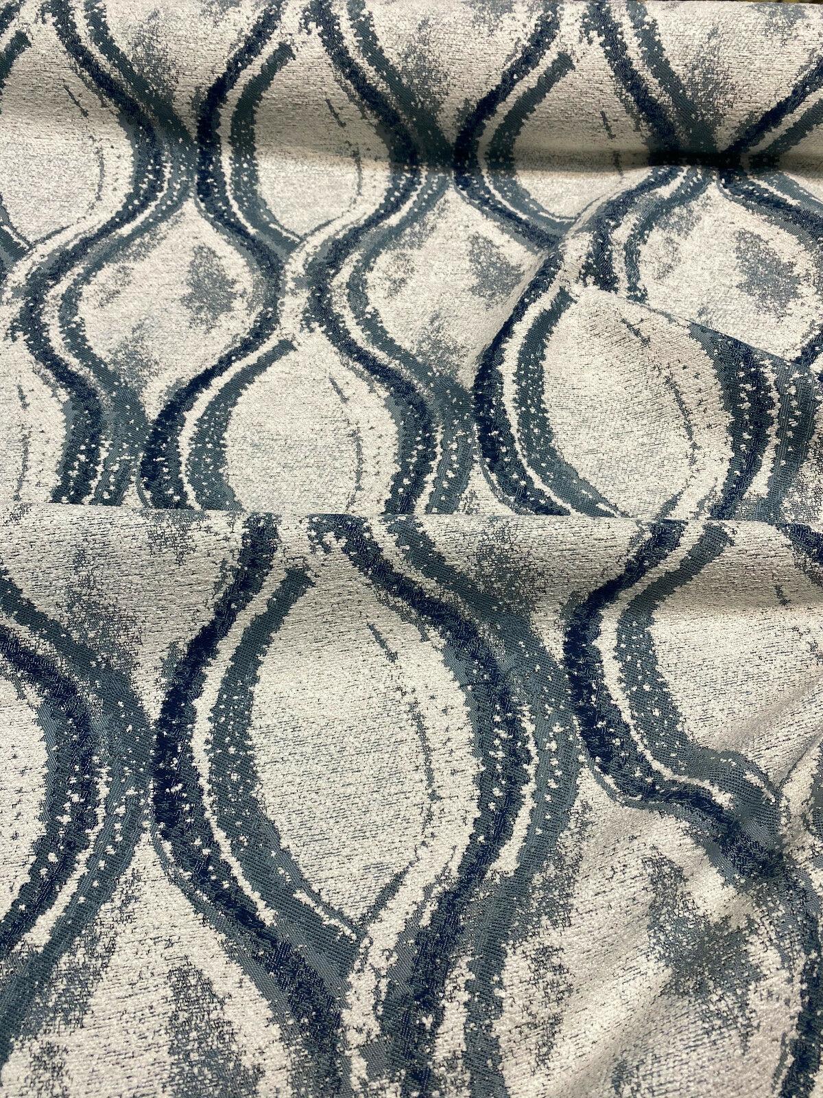 Off The Rails Trellis Chenille Polyester Fabric - Pacific Blue, White, Indigo Blue Trellis, 58" Width (1 Yard)