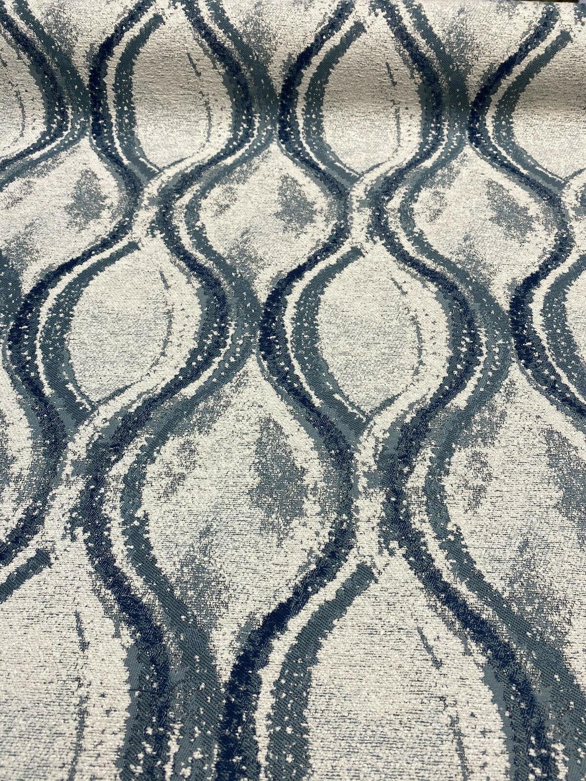 Off The Rails Trellis Chenille Polyester Fabric - Pacific Blue, White, Indigo Blue Trellis, 58" Width (1 Yard)