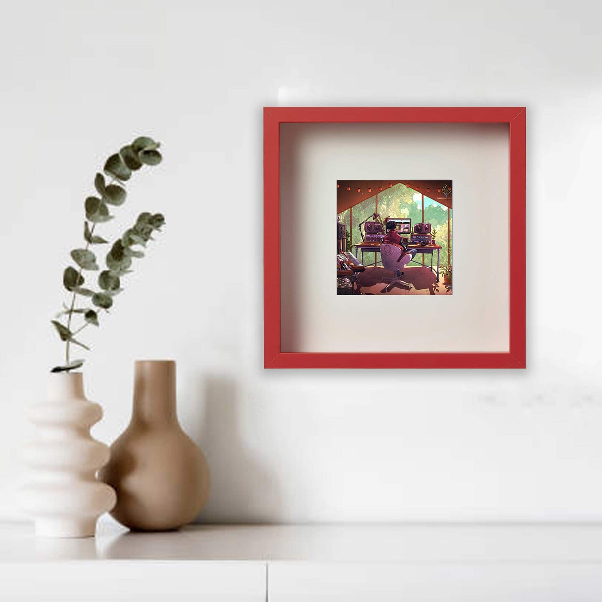 9 ¾x9 ¾" Red Frame with Acid-Free Mat & ALFTA Adhesive Hook – Deep Design for Hanging or Standing