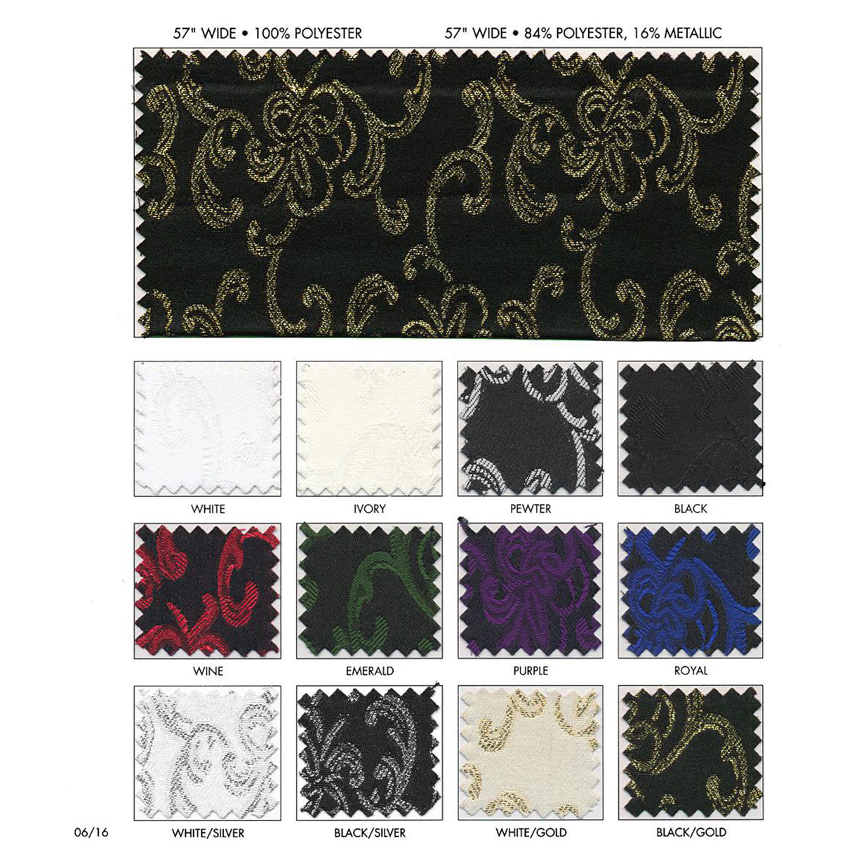 Satin Brocade Polyester Fabric - Black, Black / Gold, Black / Silver, Emerald, Ivory, Pewter, Purple, Royal, White, White / Gold, White / Silver, Wine, 57" Width (1 Yard)