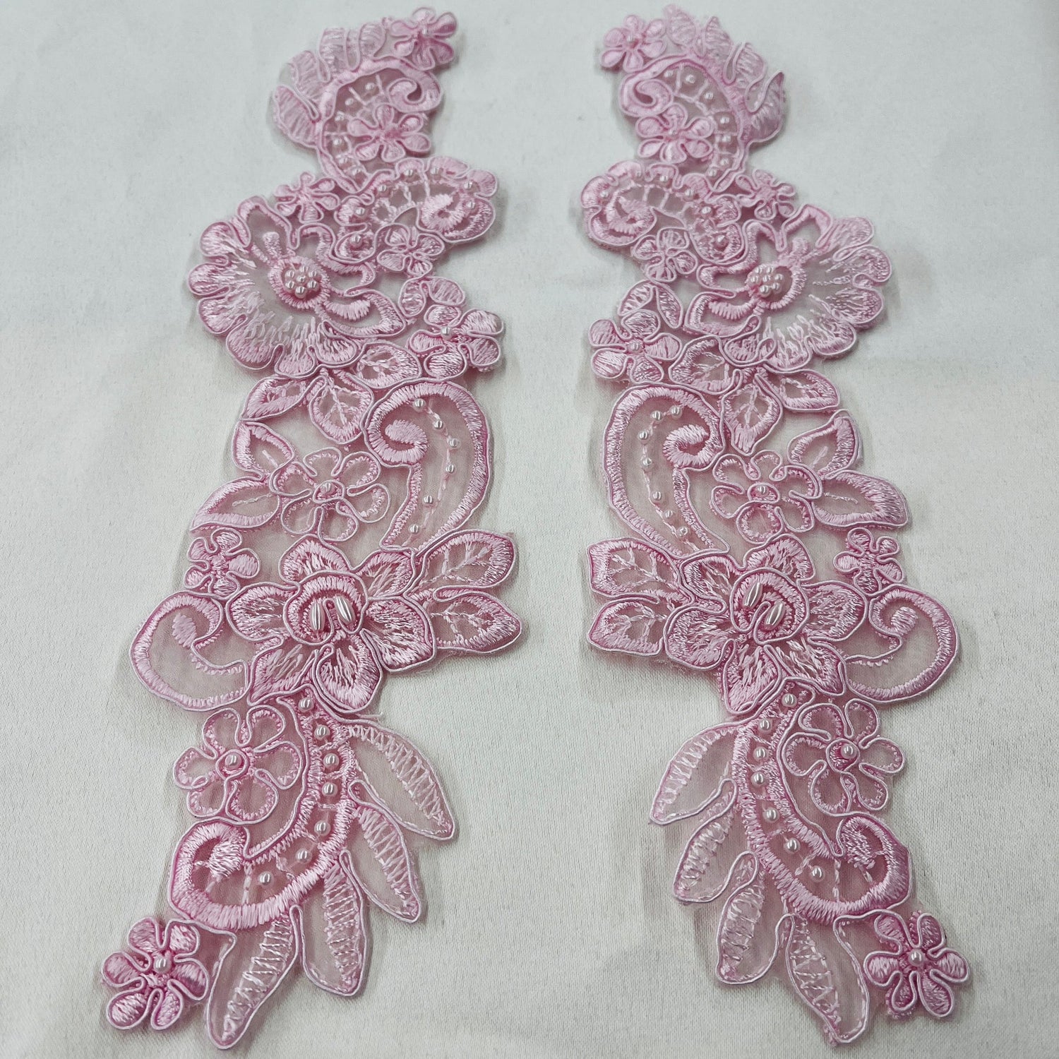 1 Pair 10" x 3" Each Side Beaded & Corded Floral Lace 100% Polyester Organza