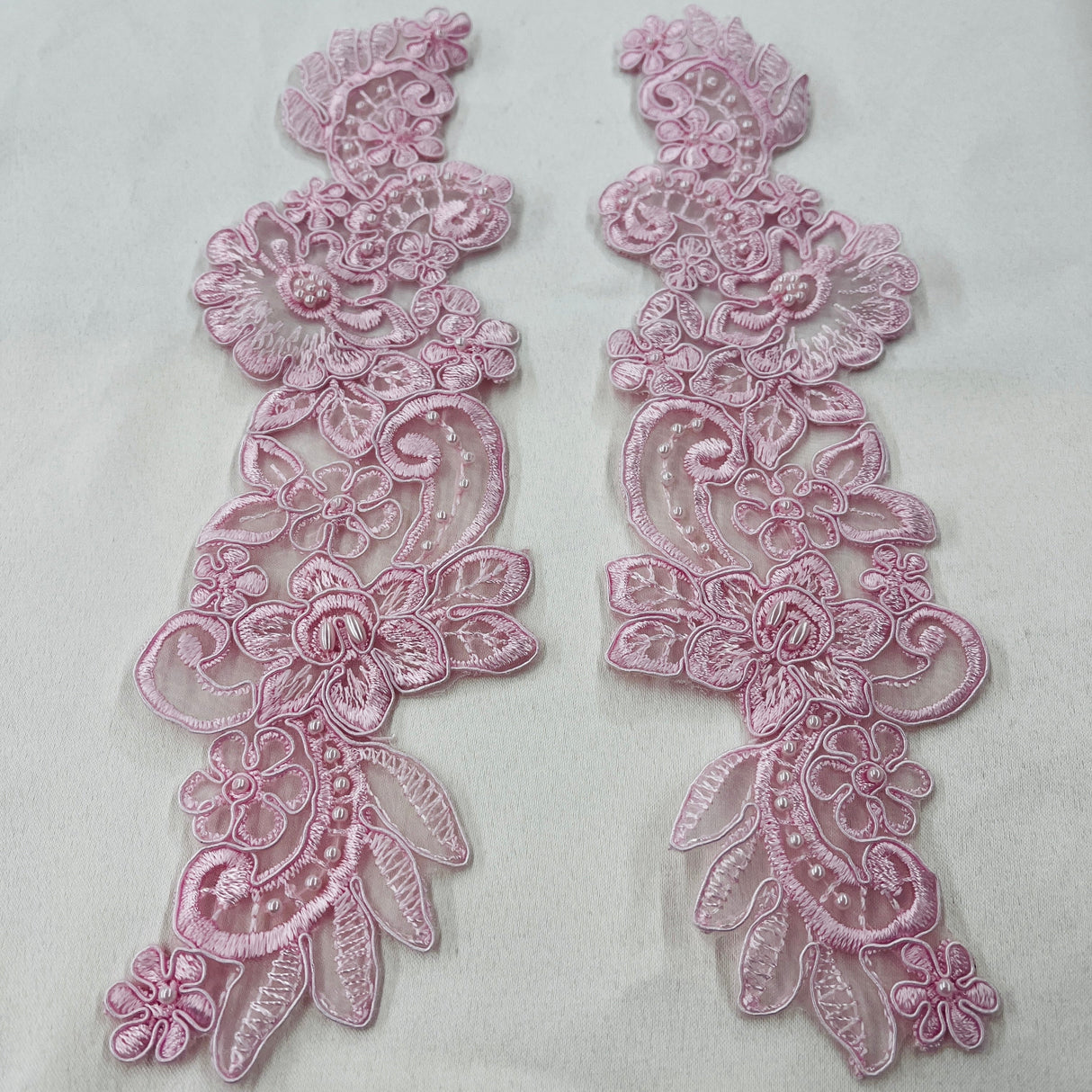 Beaded Corded Floral Lace Applique Polyester Fabric - Floral Embroidered Organza, 10" X 3" Each Side, 4 Colors (1 Pair)