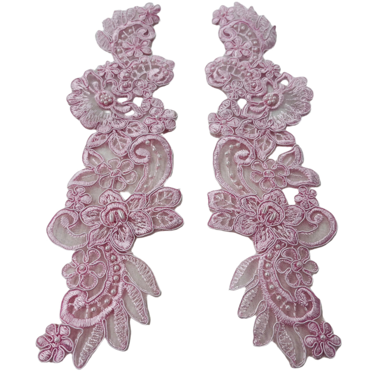 Beaded Corded Floral Lace Applique 10" x 3"
