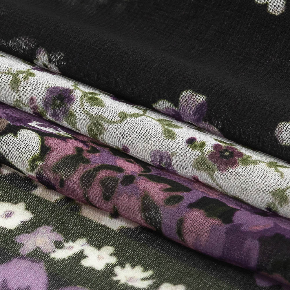 Purple, Green and Black Patchwork Floral Polyester Chiffon