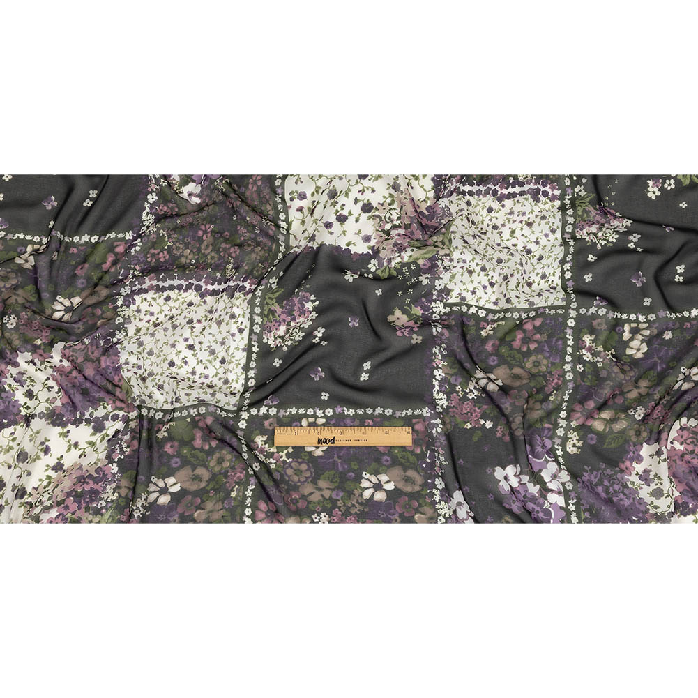 Purple, Green and Black Patchwork Floral Polyester Chiffon