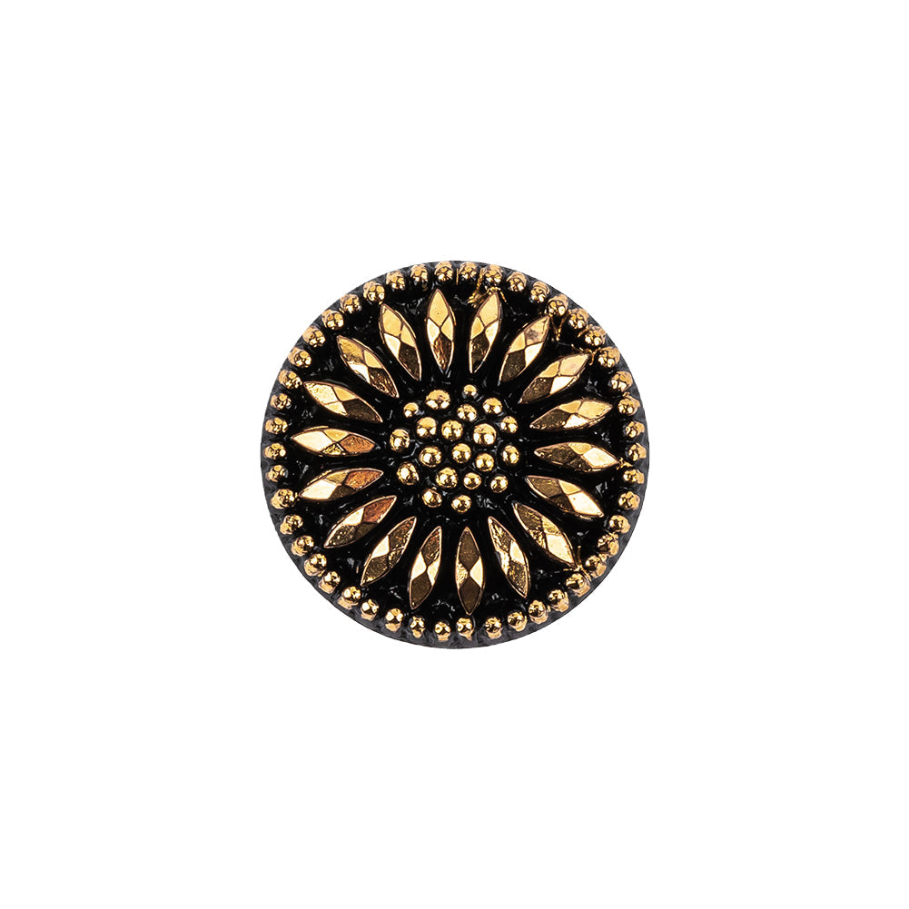 Vintage Gold and Black Floral Shank Back Glass Button - 28L/18mm