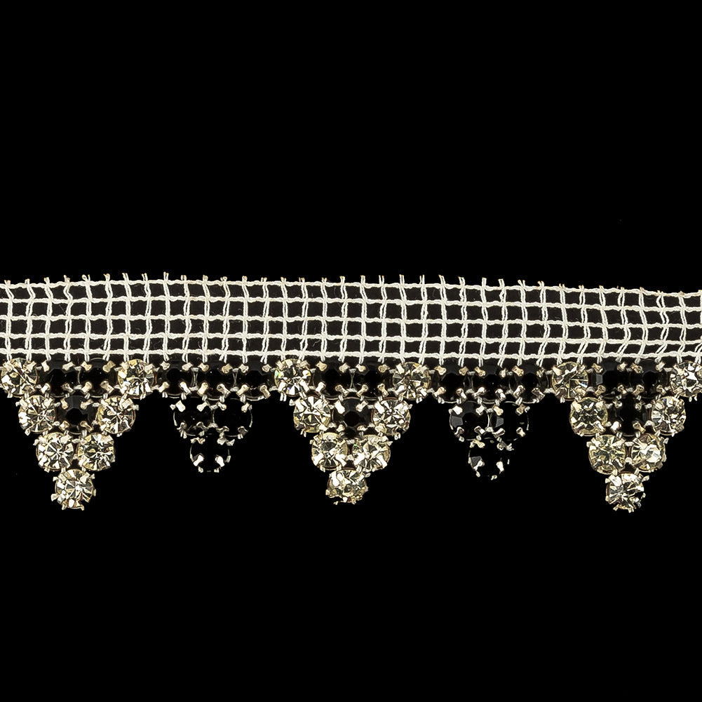 Vintage Czech Crystal and Jet Rhinestones in Silver Settings on White Mesh Trimming - 1.1875"