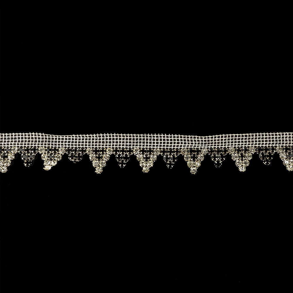 Vintage Czech Crystal and Jet Rhinestones in Silver Settings on White Mesh Trimming - 1.1875"