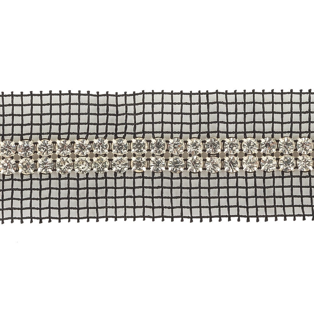 Vintage Two Row Crystal Rhinestones on Black Mesh Trimming - 1.375"