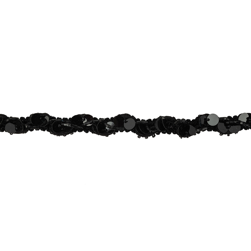Vintage Black Paillette Sequins and Black Bugle Beaded Trimming - 0.75"