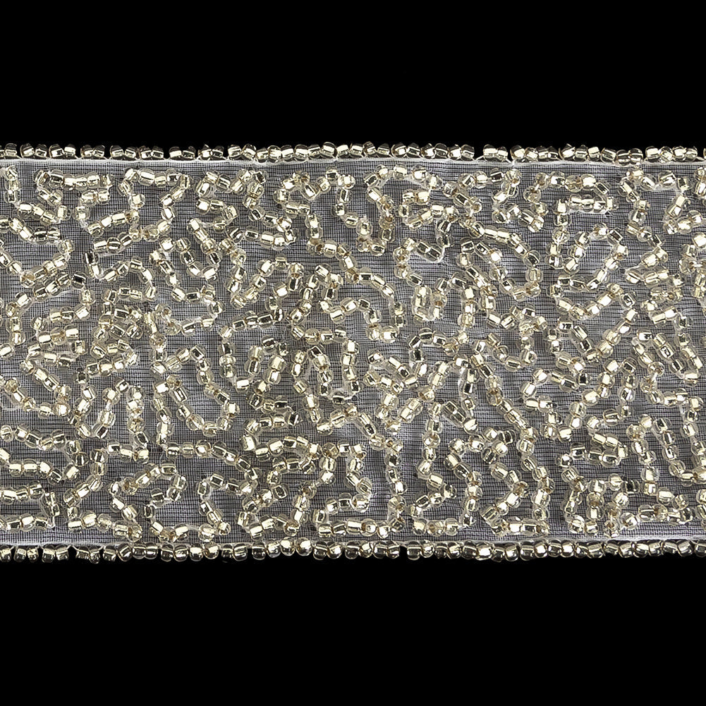 Vintage Fancy Silver-lined Abstract Beaded Trimming on White - 2"