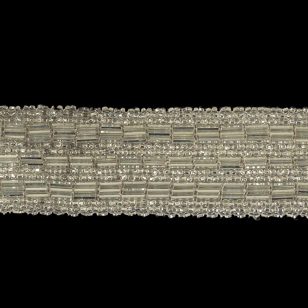 Vintage Silver Lined Seed and Bugle Beaded Striped Trim - 1.375"