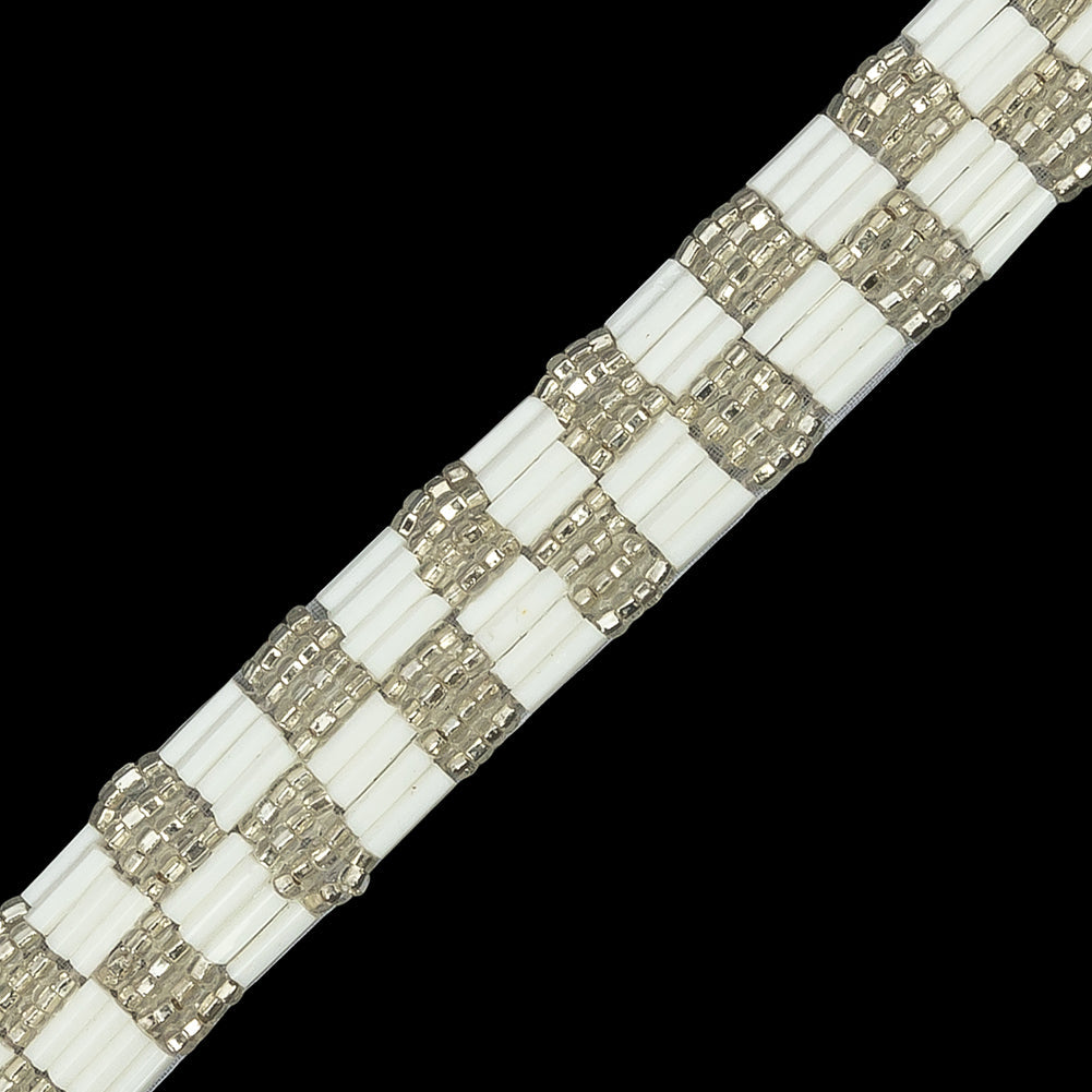Vintage White and Silver Two Row Checkerboard Beaded Trim - 0.625"