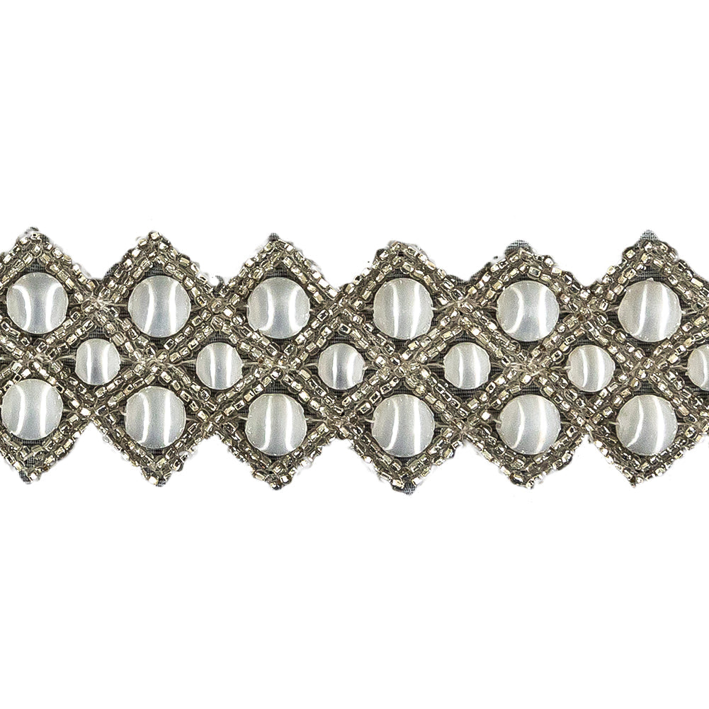 Vintage White and Silver Diamonds Beaded Trim - 1.25"
