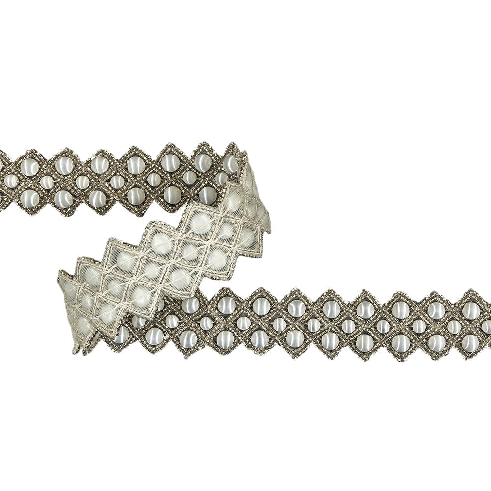 Vintage White and Silver Diamonds Beaded Trim - 1.25"
