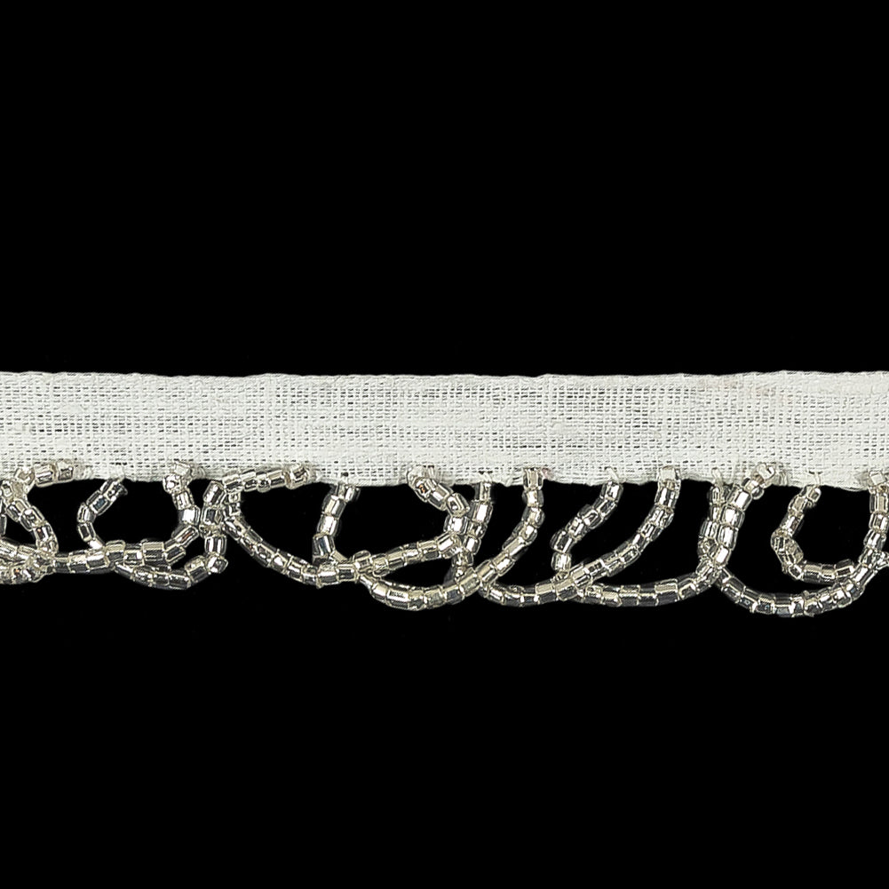 Vintage Silver Lined Seed Beaded Looped Fringe on Cotton Tape - 0.875"