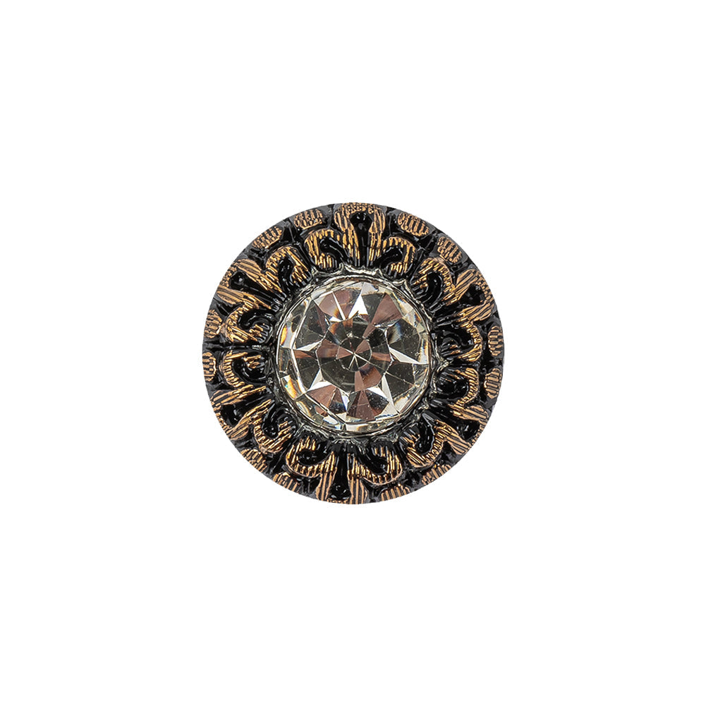 Vintage Antique Gold and Black Classical Shank Back Glass Button with Rhinestone Core - 28L/18mm