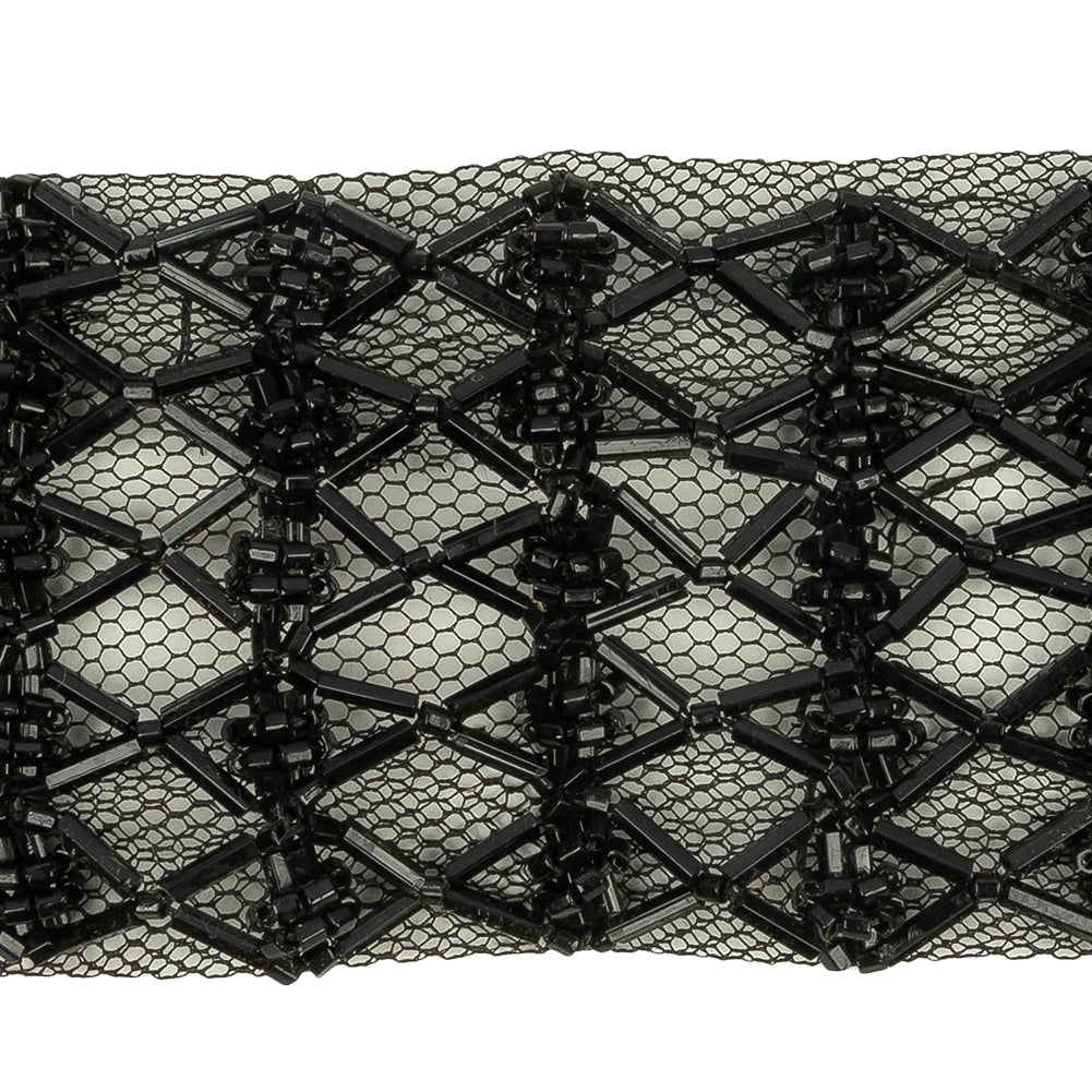 Vintage Black Latticework Glass Beaded Mesh Trim - 1.75"