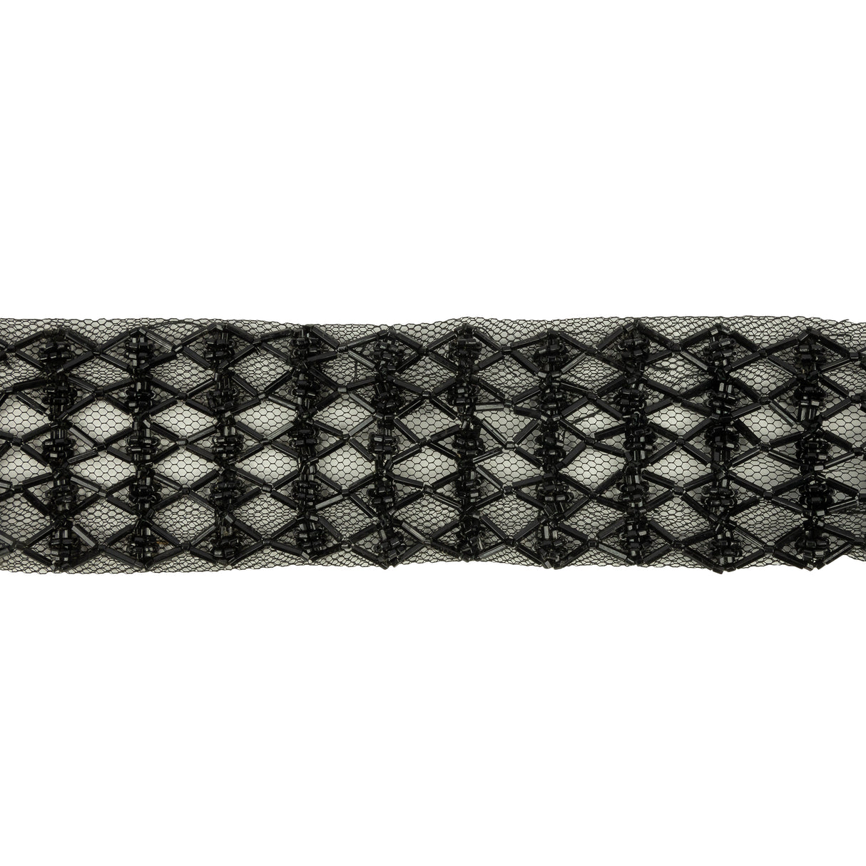 Vintage Black Latticework Glass Beaded Mesh Trim - 1.75"