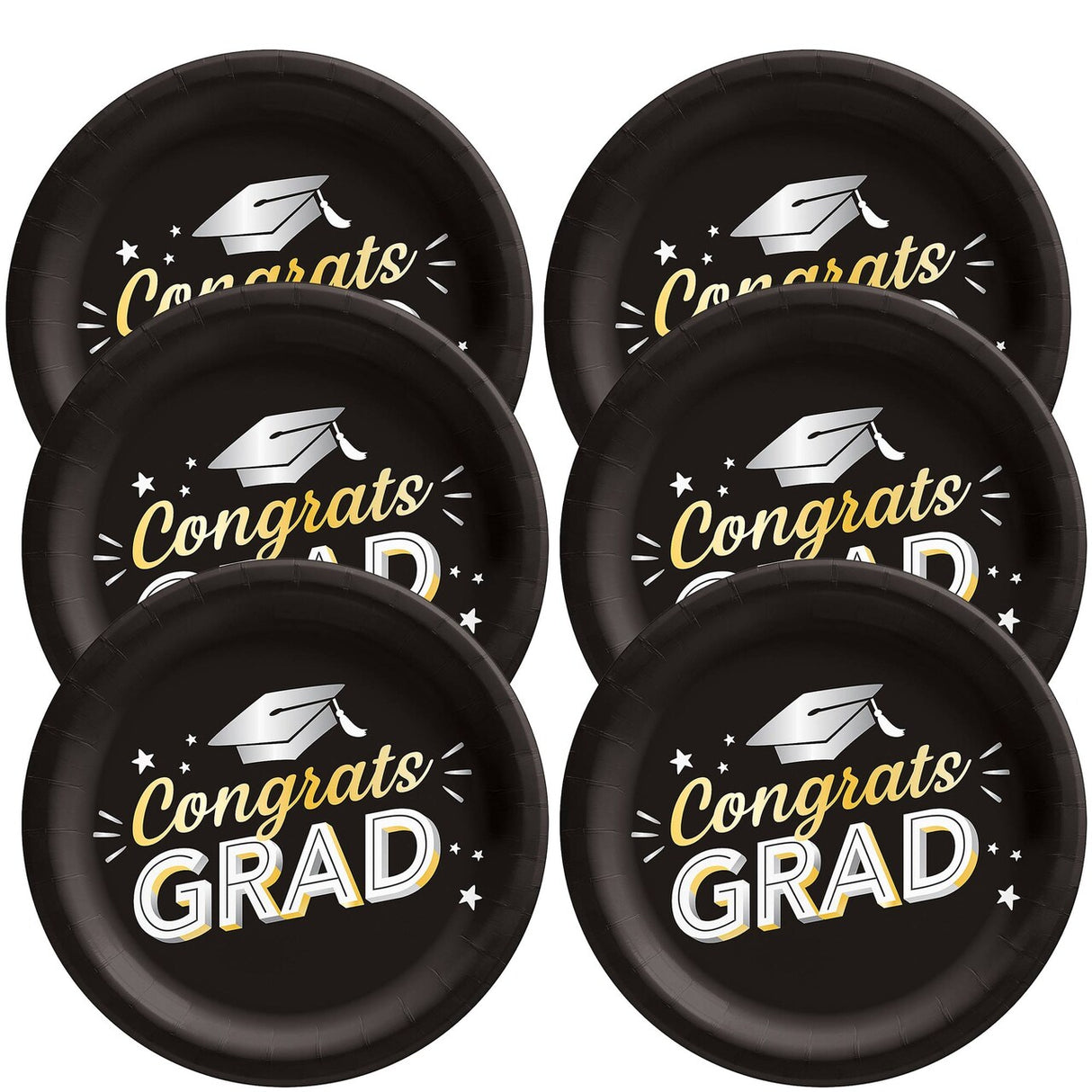 Black Congrats Grad 8 1/2" Round Disposable Dinner Plates – 8 Count