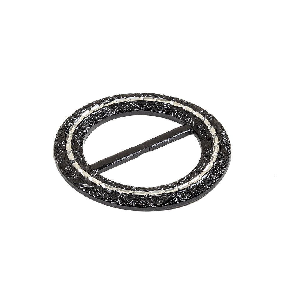 Vintage Black Classical Swirls Round Slider with Faceted Silver Band - 2.375" x 2.375"