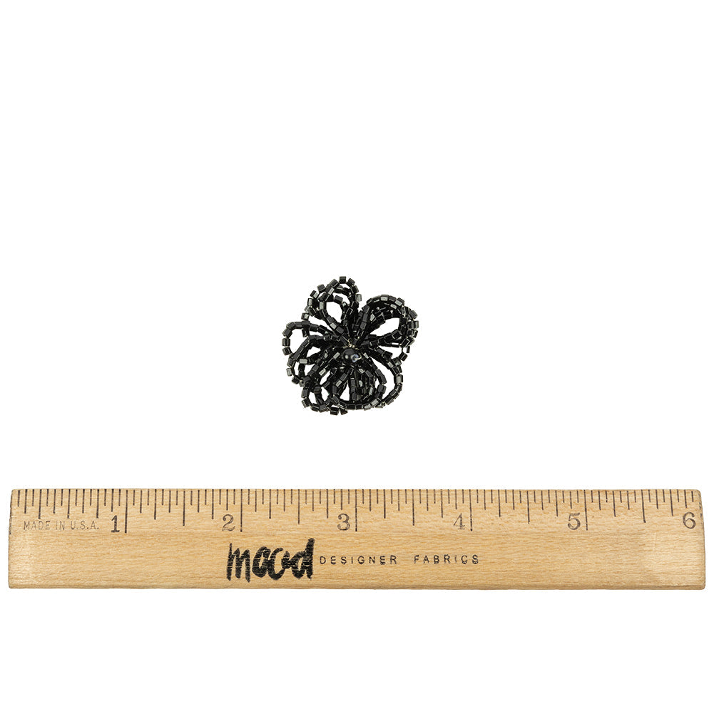 Vintage Jet Black Seed Beaded Flower Decoration with Black Faux Pearl Center - 1.25" x 1.25"