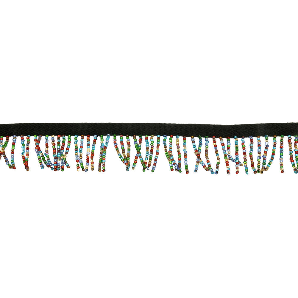 Vintage Multicolored and Black Seed Beaded Chainette Fringe - 1"