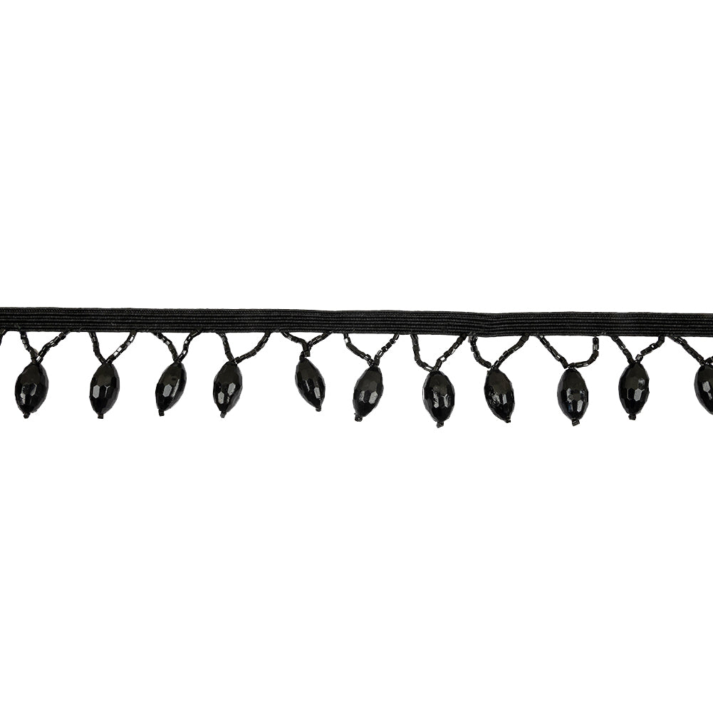Vintage Black Faceted Lozenge and Seed Beaded Fringe - 1.25"