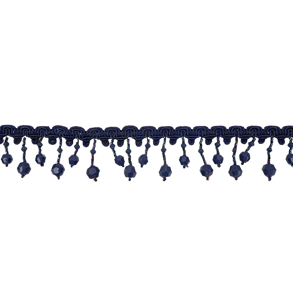 Vintage Blue Beaded Fringe Trim on Blue Braid - 1.5"