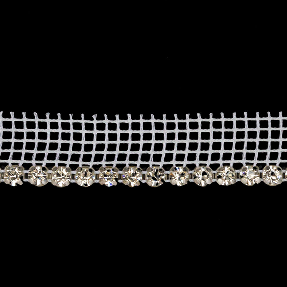 Vintage Czech Crystal and Silver 1 Row Circular Rhinestones on White Mesh Trimming - 0.5"