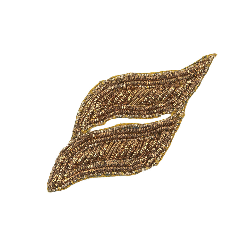 Vintage Gold Lurex Bullion Stitch Leaf Applique - 3" x 1.375"