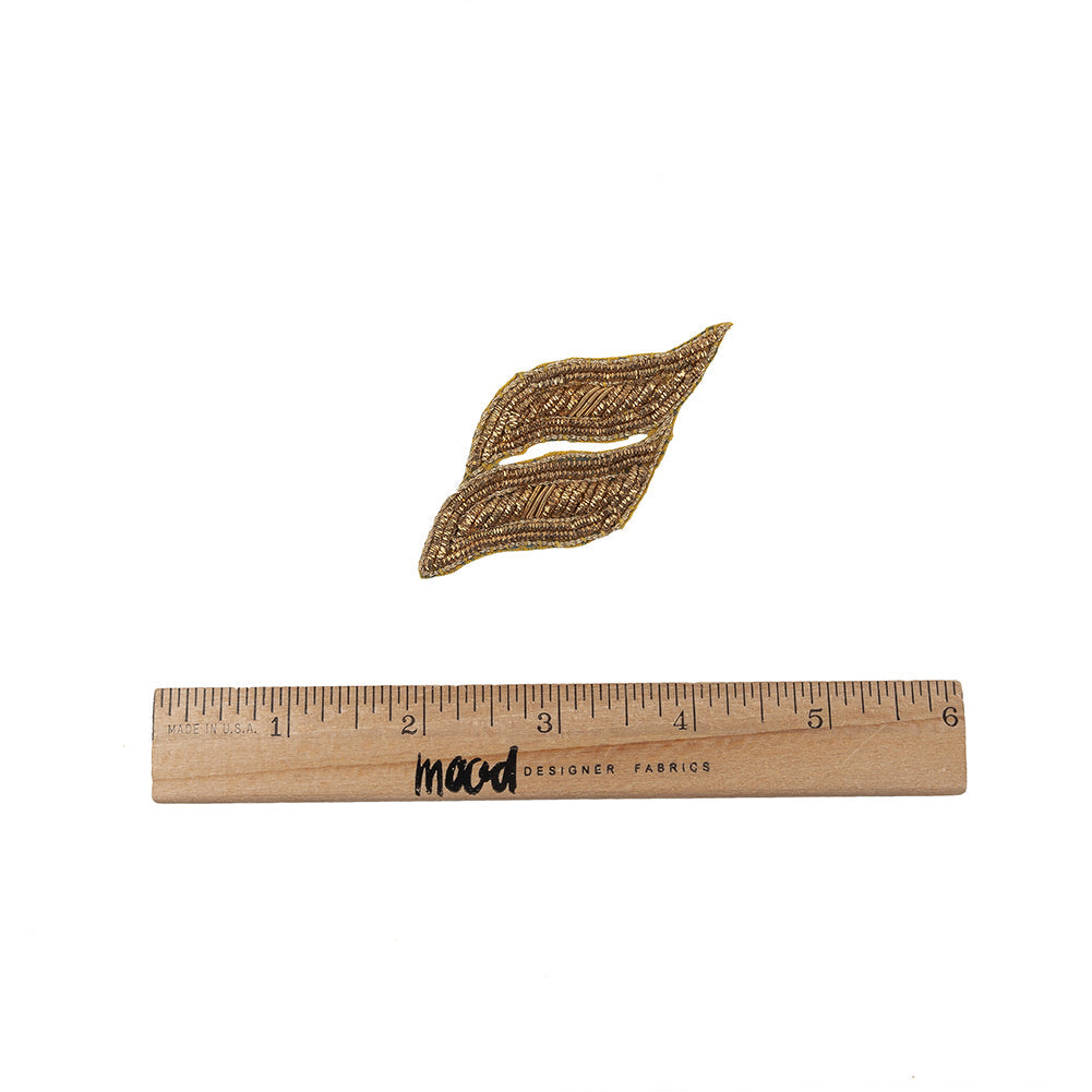 Vintage Gold Lurex Bullion Stitch Leaf Applique - 3" x 1.375"