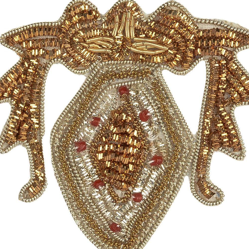 Vintage Metallic Gold and Red Diamond Crest Bullion Embroidered and Beaded Applique - 2.75" x 2.5"